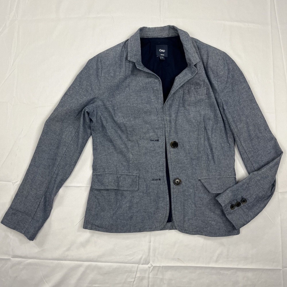 GUC Gap Women's Blue Chambray Boyfriend Blazer Size 4 Cotton Lightweight Jacket